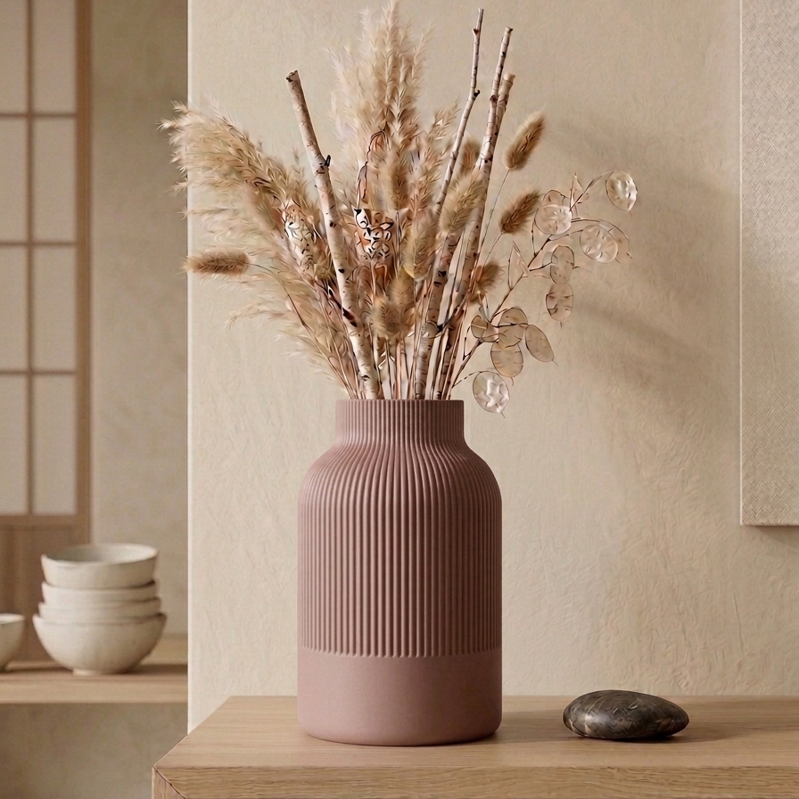 KORI - Prążkowany Minimalizm Japandi - Drewno-wiśniowe / 15 cm - Wazon