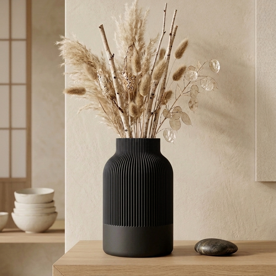 KORI - Prążkowany Minimalizm Japandi - Czarny / 15 cm - Wazon