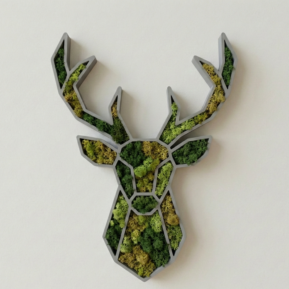 Geometryczny Jeleń 3D – Gotowa Artystyczna Dekoracja z Mchem
